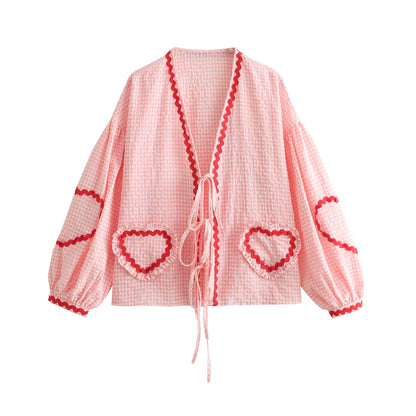 LVSANW TRAF 2024 Elegant Woman Casual Long Sleeve Pink Blouse Women Plaid Print Hollow Out Bow Lace Up Love Folds Decorate Shirts