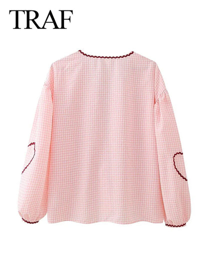 LVSANW TRAF 2024 Elegant Woman Casual Long Sleeve Pink Blouse Women Plaid Print Hollow Out Bow Lace Up Love Folds Decorate Shirts