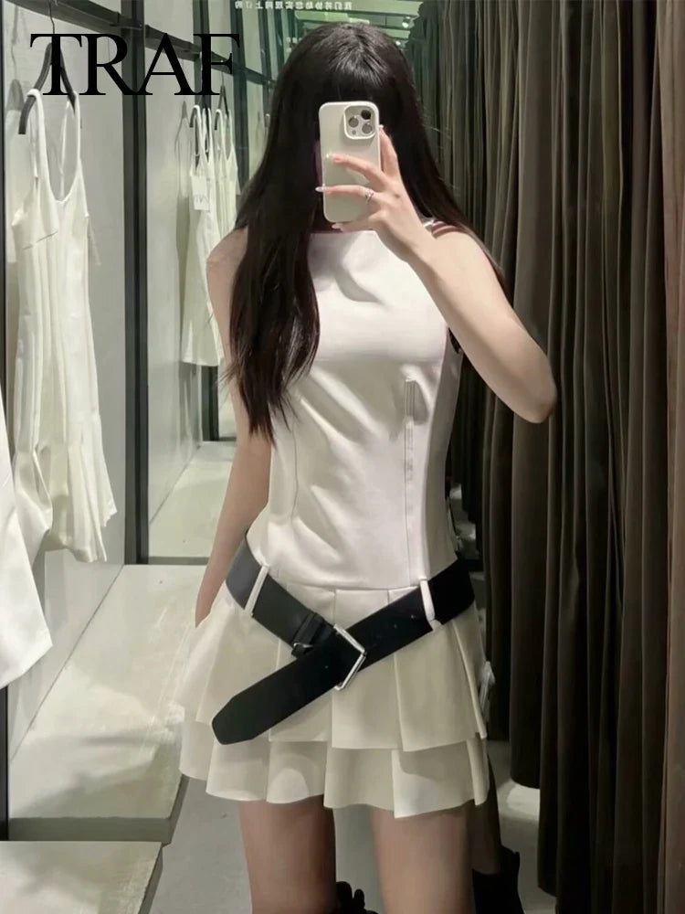 LVSANW TRAF 2024 New Woman White Solid High Waist Back Zipper Pleated Skirts Women O Neck Sleeveless Sexy With Belt Slim Mini Dress