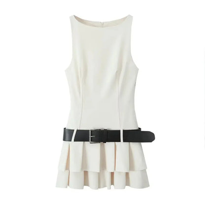 LVSANW TRAF 2024 New Woman White Solid High Waist Back Zipper Pleated Skirts Women O Neck Sleeveless Sexy With Belt Slim Mini Dress