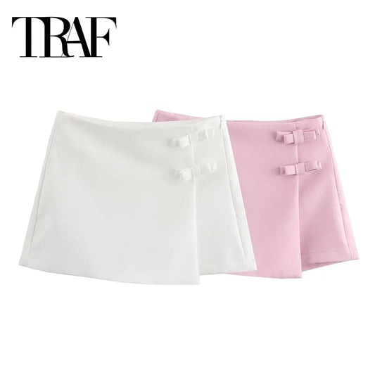 LVSANW TRAF 2024 Pink White Mini Skirt Woman Fashion Bow Skort For Women Summer Slit Short Skirt Woman Split High Waist Skirt Shorts