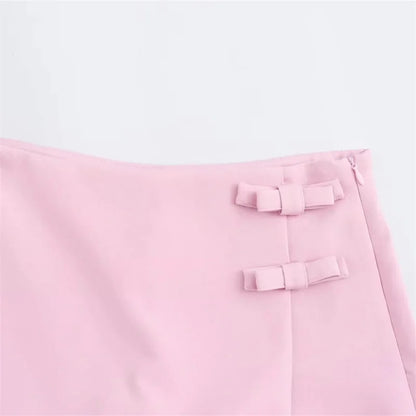 LVSANW TRAF 2024 Pink White Mini Skirt Woman Fashion Bow Skort For Women Summer Slit Short Skirt Woman Split High Waist Skirt Shorts