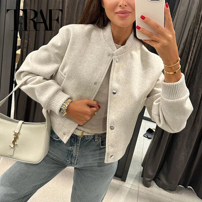 LVSANW TRAF 2025 Women Jacket Cropped Bomber Jackets For Women Beige Black Tweed Jacket Woman Fashion Long Sleeve New In Short Coats