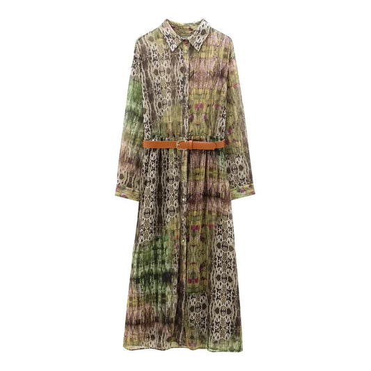 LVSANW TRAF   Autumn New Women's Casual Style Buckle with Belt, Metallic Thread Contrast Printed Long Sleeve Dress