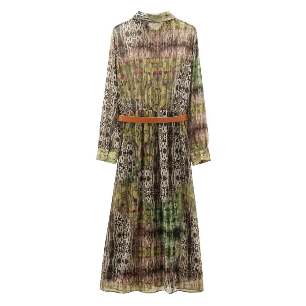 LVSANW TRAF   Autumn New Women's Casual Style Buckle with Belt, Metallic Thread Contrast Printed Long Sleeve Dress