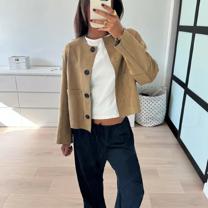 LVSANW TRAF Khaki Fleece Jacket Outerwears 2025 Women Autumn Winter Long Sleeve Varsity Jacket Coat Ladies Fashion Casual Office Jacket