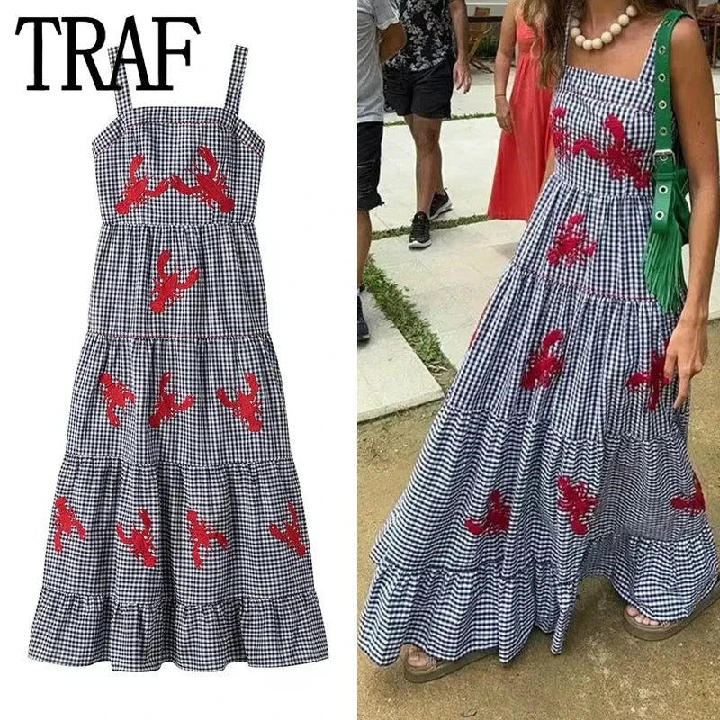 LVSANW TRAF Plaid Slip Long Dress Woman Embroidery Ruffle Summer Dresses 2024 Sleeveless Beach Holiday Dress Women Casual Midi Dresses