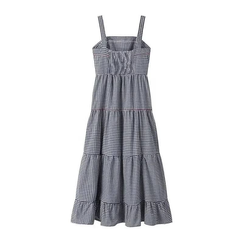 LVSANW TRAF Plaid Slip Long Dress Woman Embroidery Ruffle Summer Dresses 2024 Sleeveless Beach Holiday Dress Women Casual Midi Dresses