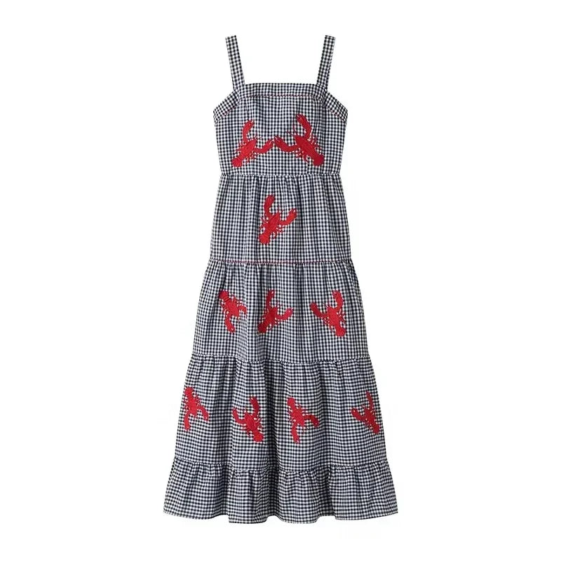 LVSANW TRAF Plaid Slip Long Dress Woman Embroidery Ruffle Summer Dresses 2024 Sleeveless Beach Holiday Dress Women Casual Midi Dresses