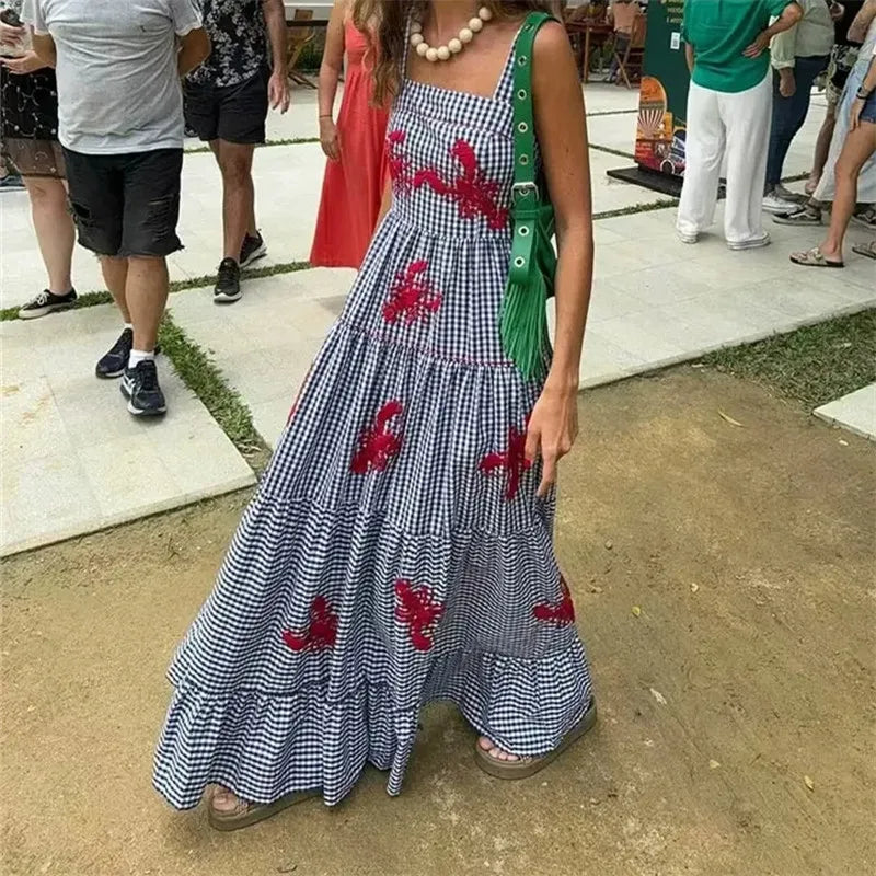 LVSANW TRAF Plaid Slip Long Dress Woman Embroidery Ruffle Summer Dresses 2024 Sleeveless Beach Holiday Dress Women Casual Midi Dresses