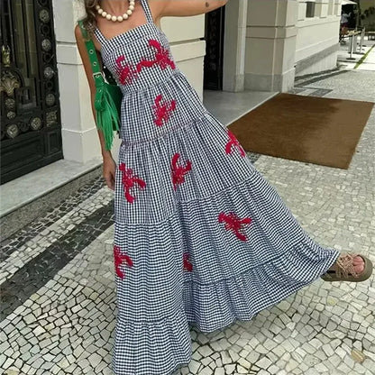 LVSANW TRAF Plaid Slip Long Dress Woman Embroidery Ruffle Summer Dresses 2024 Sleeveless Beach Holiday Dress Women Casual Midi Dresses