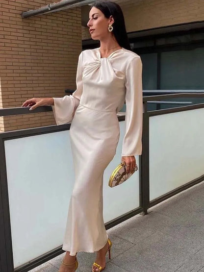 LVSANW TRAF Satin Long Dress Women Backless Maxi Dress Woman Spring Knot Party Dresses for Women 2024 Long Sleeve Female Dress