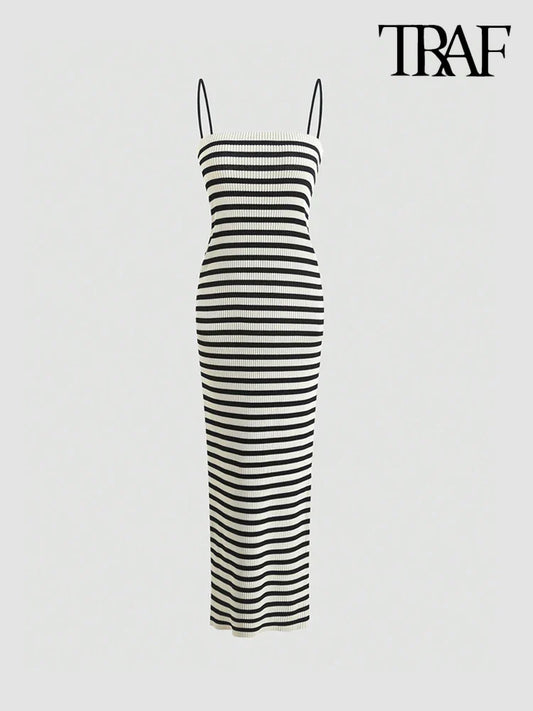 LVSANW TRAF-Striped Knit Midi Dress for Women, Straight Neck, Thin Straps, Female Dresses, Fashion