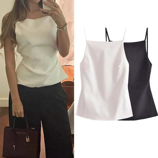 LVSANW TRAF White Crop Top Woman 2024 Black Sleeveless Backless Top With Straps Sexy Tops Woman Party Summer Women's Evening Top