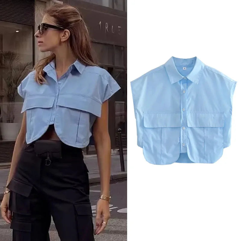 LVSANW TRAF Women Blouse Cropped Shirt Blue White Button Crop Shirt Elegant   Short sleeve Crop top Woman Office outfits Shirts Top