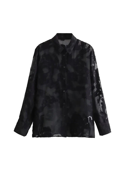 LVSANW TRAF Women Summer Fashion Spliced Lace Shirts Ladies Single Breasted Thin Blouses Tops Long Sleeve Commuting Women's Shirt Tops