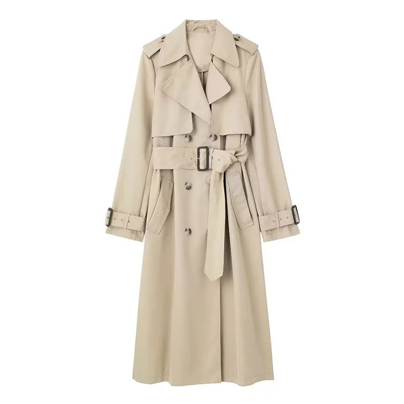 LVSANW TRAF Women's Fashion Autumn Slim Trench Coats Solid Turn-Down Collar Long Sleeves Belt Decoration Double Breasted Female Coats