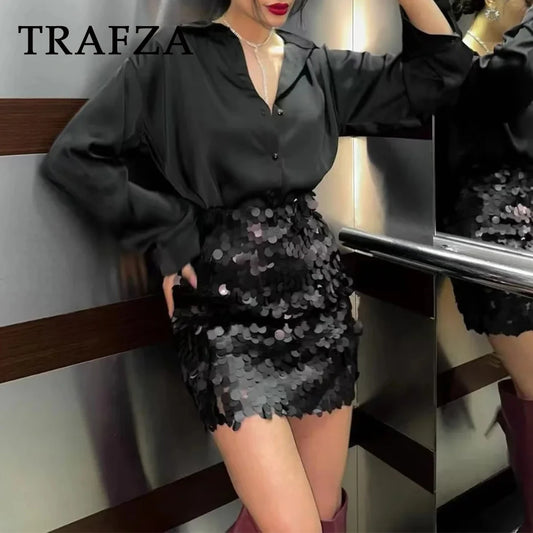 LVSANW TRAFZA 2024 Autumn Winter Women Sexy Sequined Mini Skirts Fashion Streetwear Nightclub High Waist Party Skirts Y2k Girl Skirts