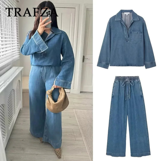 LVSANW TRAFZA 2024 Spring Summer Casual Denim Women Suits Fashion Vintage Turn-down Collar Pocket Shirts+Chic Drawstring Wide Leg Pants