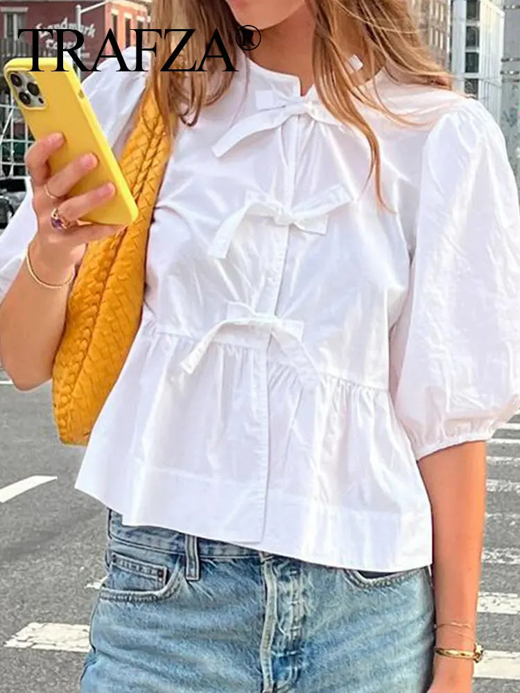 LVSANW TRAFZA Women Bow Lace Up Puff Sleeve Shirt Sweet White Black O Neck Blouse 2024 Spring Summer Casual Female Chic Top Shirts