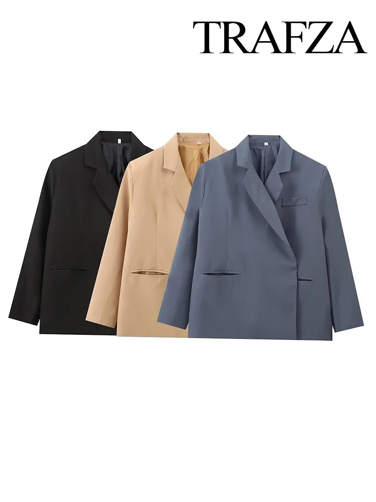 LVSANW TRAFZA Women Fashion Long Sleeve Lapel Pocket Decorate Jacket Autumn Female Casual Single-button Solid 3-Colors Blazer Mujer