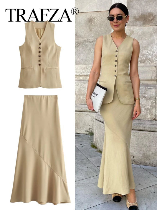 LVSANW TRAFZA Women Vest Skirt Sets Female Khaki Long Blazer Vest V Neck Sleeveless Slim Top+Elegant High Waist A Line Skirt Suit TRAF