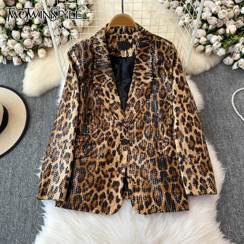 LVSANW TWOTWINSTYLE Leopard Temperament Blazers For Women Notched Collar Long Sleeve Patchwork Button Loose Blazer Female New KJA513171