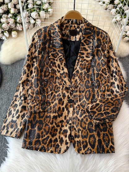 LVSANW TWOTWINSTYLE Leopard Temperament Blazers For Women Notched Collar Long Sleeve Patchwork Button Loose Blazer Female New KJA513171