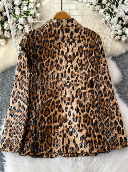 LVSANW TWOTWINSTYLE Leopard Temperament Blazers For Women Notched Collar Long Sleeve Patchwork Button Loose Blazer Female New KJA513171