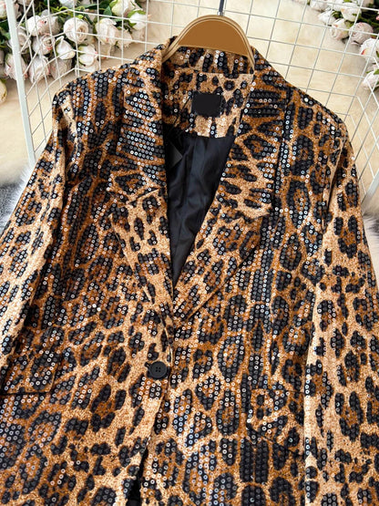 LVSANW TWOTWINSTYLE Leopard Temperament Blazers For Women Notched Collar Long Sleeve Patchwork Button Loose Blazer Female New KJA513171