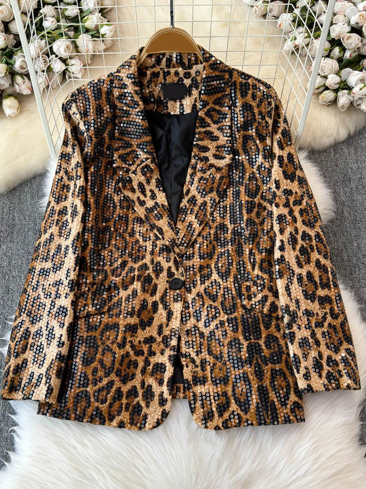 LVSANW TWOTWINSTYLE Leopard Temperament Blazers For Women Notched Collar Long Sleeve Patchwork Button Loose Blazer Female New KJA513171