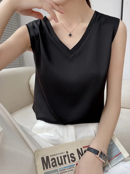 LVSANW Tank Top Women Summer Solid Colo Artificial Silk Satin Thin Smooth Black White Camis V-Neck Basic Model Silky Y2k Must Buy