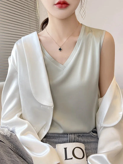 LVSANW Tank Top Women Summer Solid Colo Artificial Silk Satin Thin Smooth Black White Camis V-Neck Basic Model Silky Y2k Must Buy