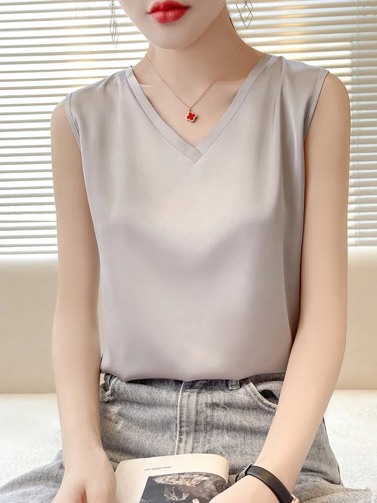 LVSANW Tank Top Women Summer Solid Colo Artificial Silk Satin Thin Smooth Black White Camis V-Neck Basic Model Silky Y2k Must Buy