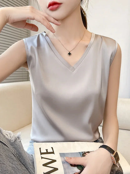 LVSANW Tank Top Women Summer Solid Colo Artificial Silk Satin Thin Smooth Black White Camis V-Neck Basic Model Silky Y2k Must Buy