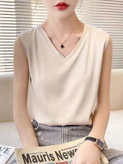 LVSANW Tank Top Women Summer Solid Colo Artificial Silk Satin Thin Smooth Black White Camis V-Neck Basic Model Silky Y2k Must Buy