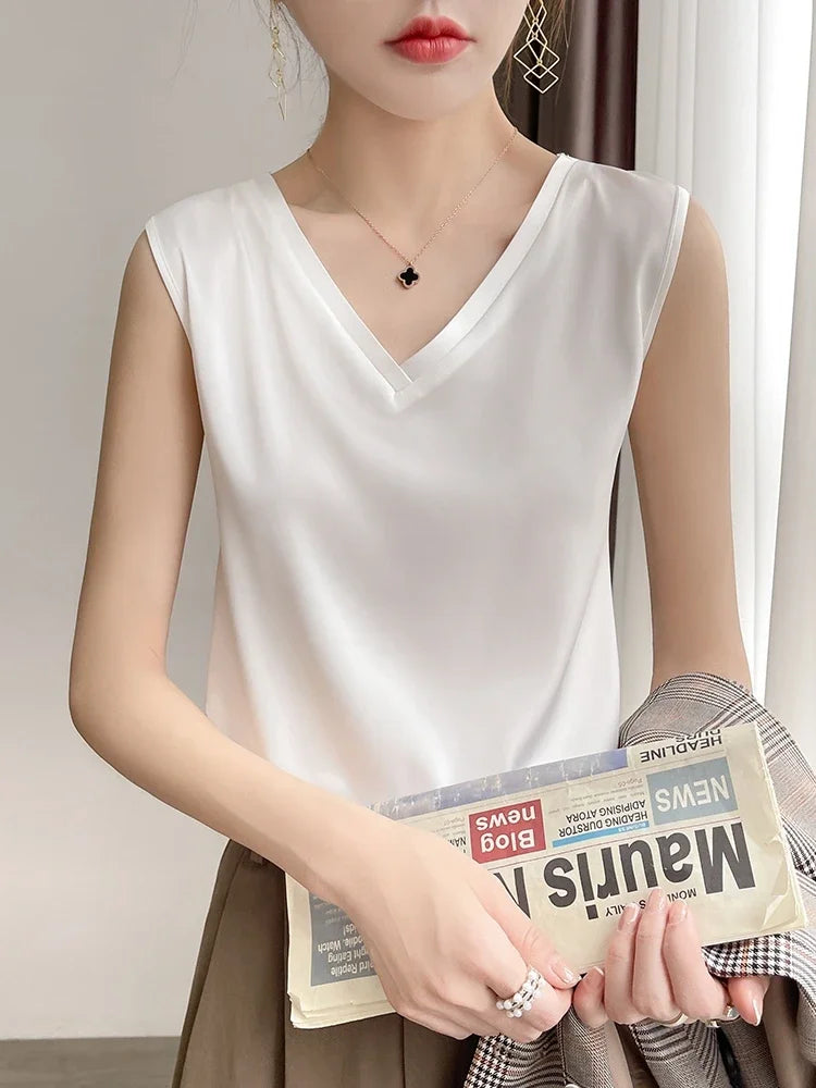 LVSANW Tank Top Women Summer Solid Colo Artificial Silk Satin Thin Smooth Black White Camis V-Neck Basic Model Silky Y2k Must Buy