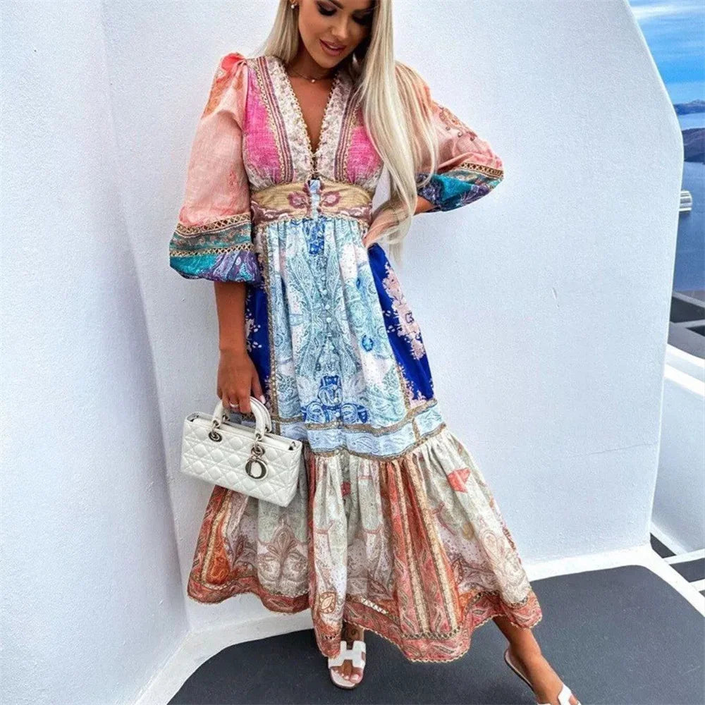 LVSANW Taop&Za 2024 Summer New Product Women's Fashion Casual Slim Fit V-neck Long Sleeve Printed Dress