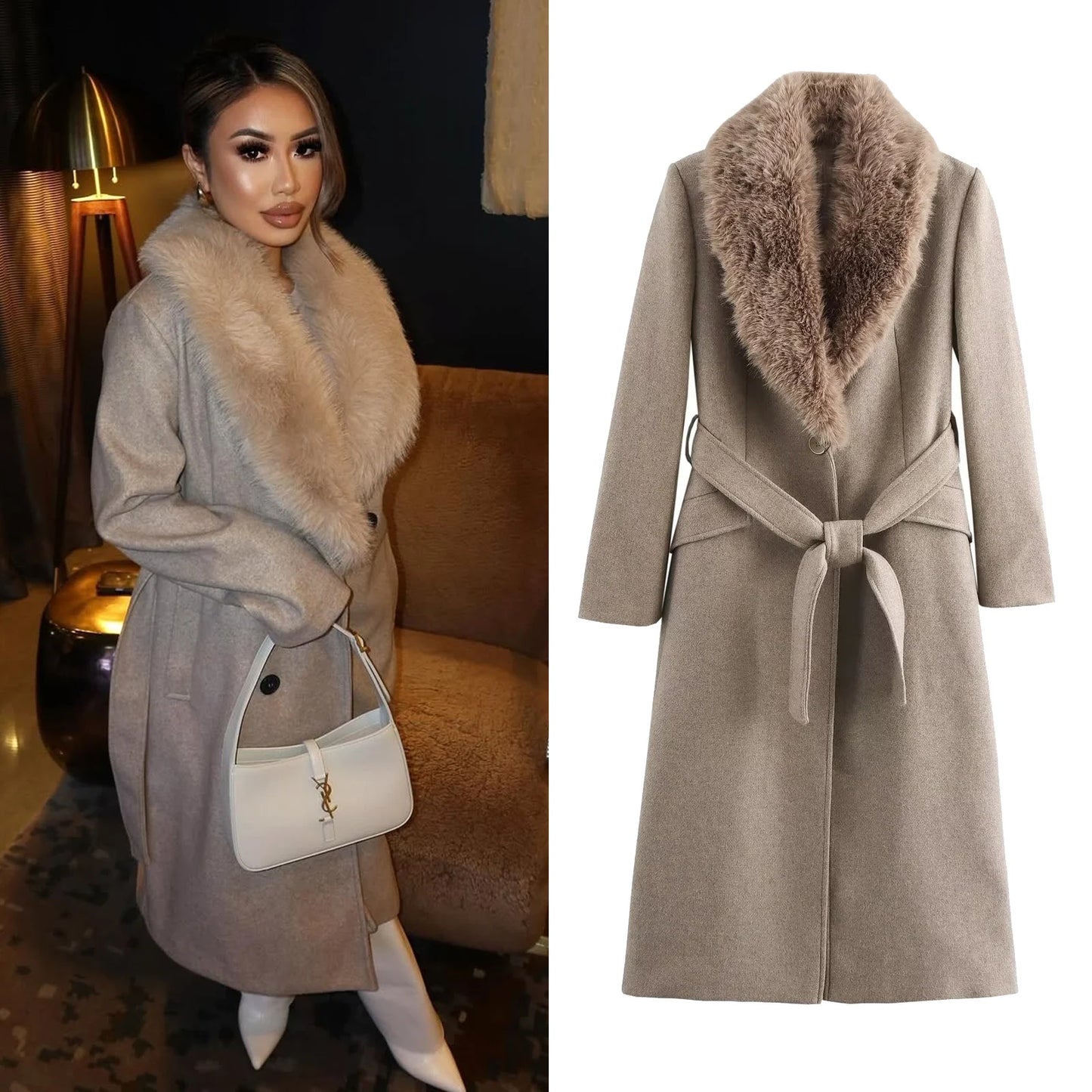 LVSANW Taop&Za women's 2024 autumn and winter new fur lapel coat single breasted solid color commuting temperament long coat