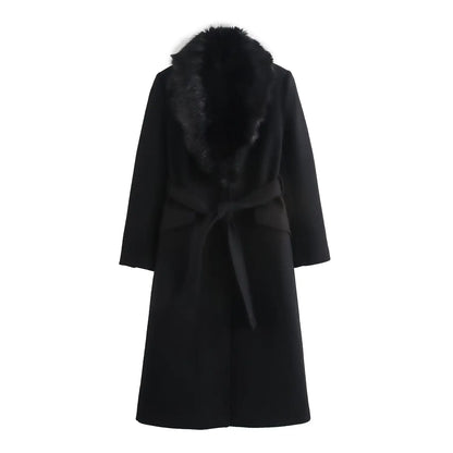 LVSANW Taop&Za women's 2024 autumn and winter new fur lapel coat single breasted solid color commuting temperament long coat