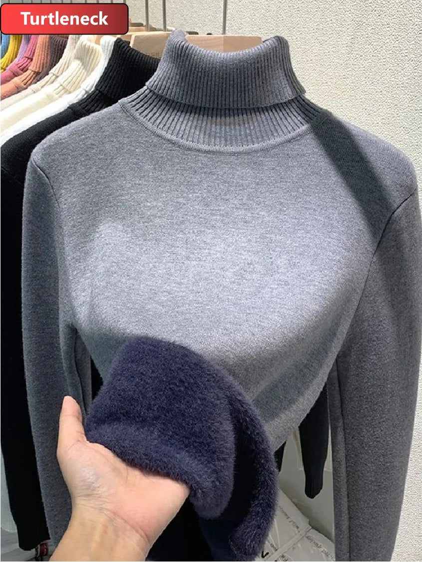 LVSANW Thicken Velvet Turtleneck Sweater Women Korean Fashion Lined Warm Sueter Knitted Pullover Slim Top Winter Jersey Knitwear Jumper