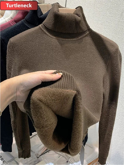 LVSANW Thicken Velvet Turtleneck Sweater Women Korean Fashion Lined Warm Sueter Knitted Pullover Slim Top Winter Jersey Knitwear Jumper