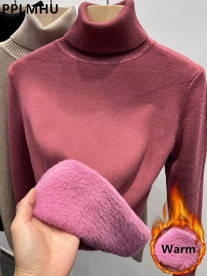 LVSANW Thicken Velvet Turtleneck Sweater Women Korean Fashion Lined Warm Sueter Knitted Pullover Slim Top Winter Jersey Knitwear Jumper