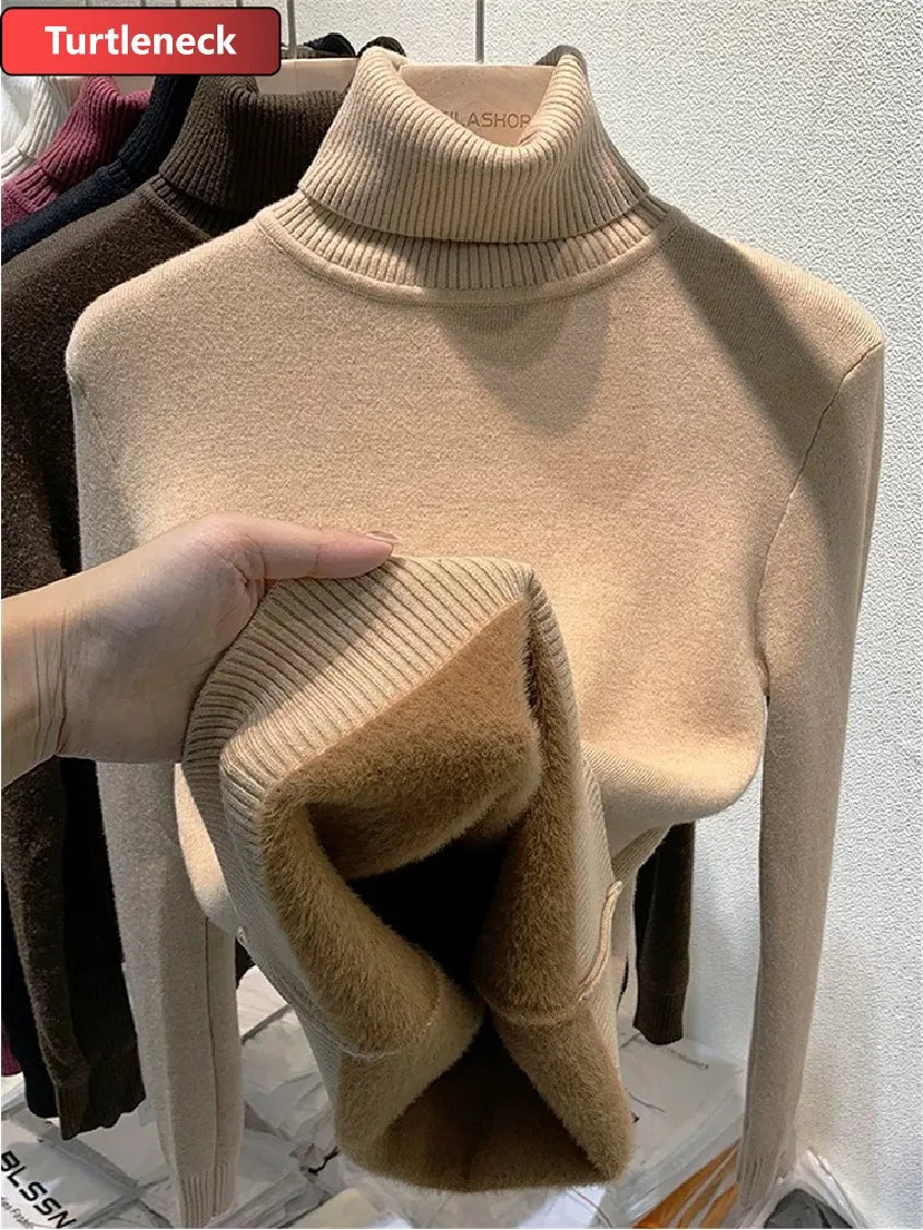 LVSANW Thicken Velvet Turtleneck Sweater Women Korean Fashion Lined Warm Sueter Knitted Pullover Slim Top Winter Jersey Knitwear Jumper