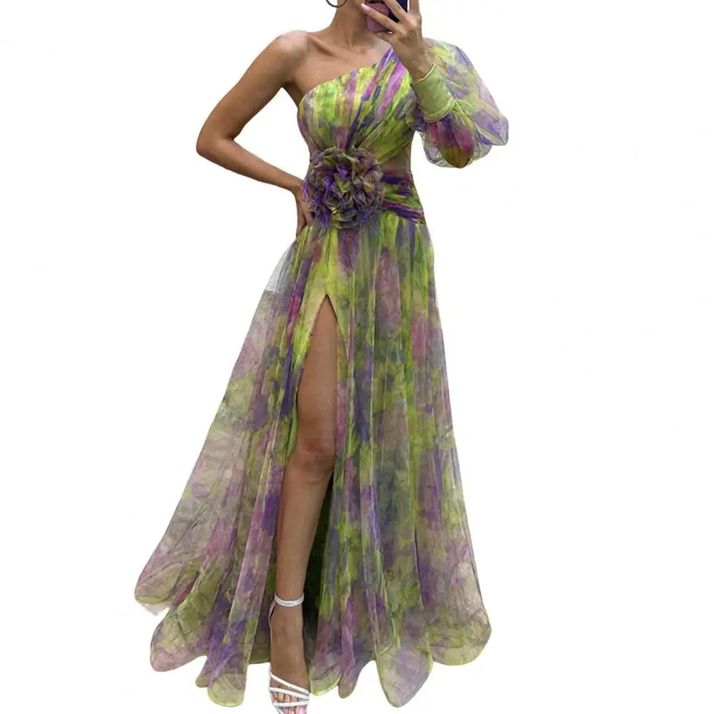 LVSANW Tie-dye Print Off-shoulder Dress Formal Evening Dress Elegant One Shoulder Tie-dye Ball Gown with Mesh Bubble Sleeve Split Hem