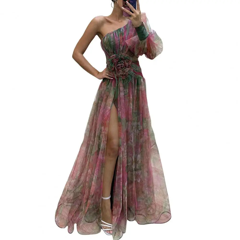 LVSANW Tie-dye Print Off-shoulder Dress Formal Evening Dress Elegant One Shoulder Tie-dye Ball Gown with Mesh Bubble Sleeve Split Hem