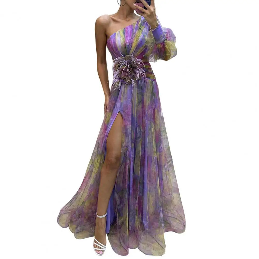 LVSANW Tie-dye Print Off-shoulder Dress Formal Evening Dress Elegant One Shoulder Tie-dye Ball Gown with Mesh Bubble Sleeve Split Hem