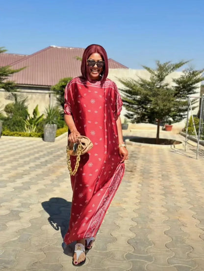 LVSANW Tiktok Popular African Women Bohemian Silk Printed Long Dress With Scarf Summer Promotion Muslim Lady Quality Robe Kaftan Dress