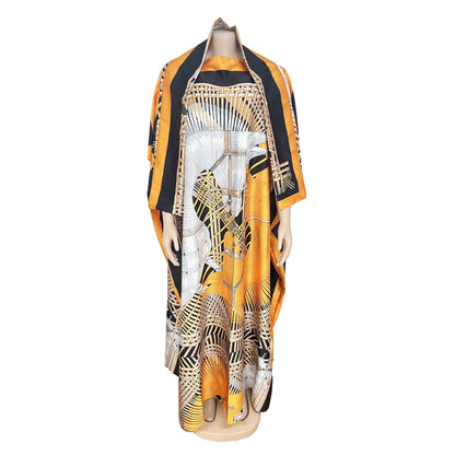 LVSANW Tiktok Popular African Women Bohemian Silk Printed Long Dress With Scarf Summer Promotion Muslim Lady Quality Robe Kaftan Dress