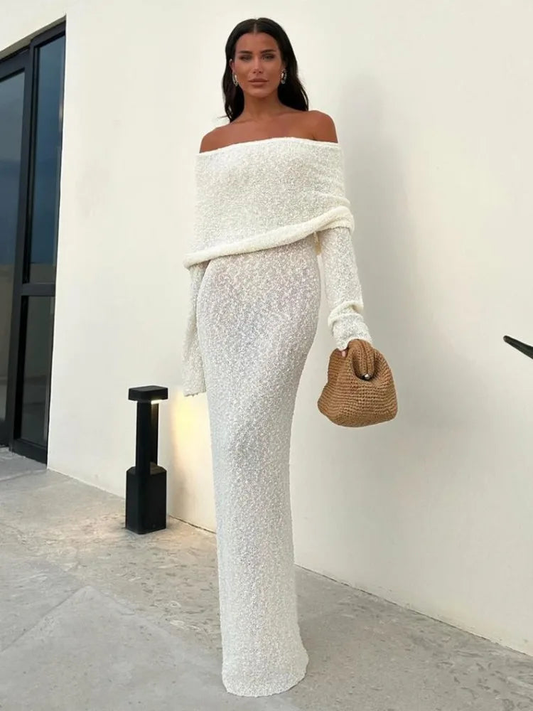 LVSANW Tossy Knit Hollow Out Off-Shoulder Maxi Dress Female Cover up Loose Long Sleeve Holiday Beach Party Dress Women Knitwear Dress